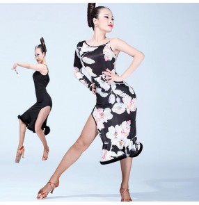 White floral flower printed black colored women's ladies one shoulder sleeves women's ladies performance latin dance dresses